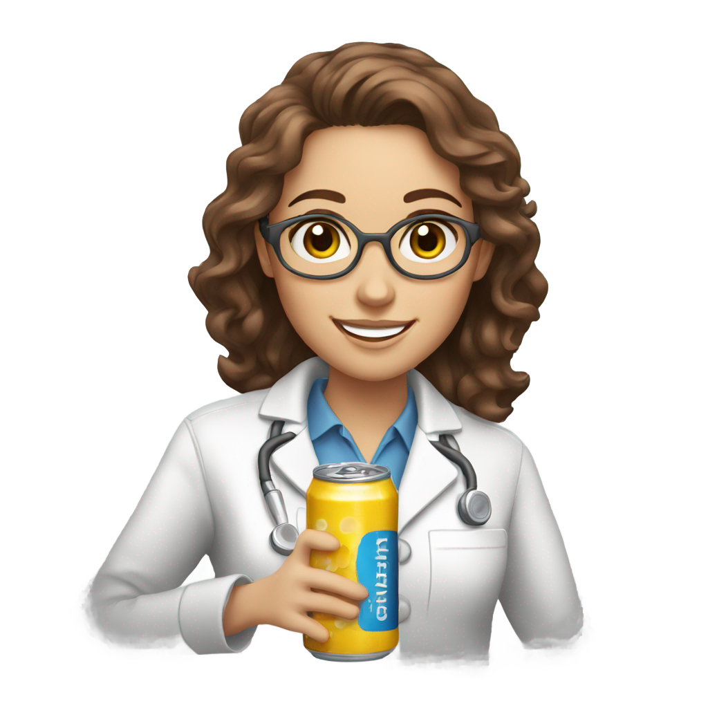 genmoji: A female scientist with wavy brown hair with gray streaks, hazel eyes, freckles, a nice smile, and an energy drink