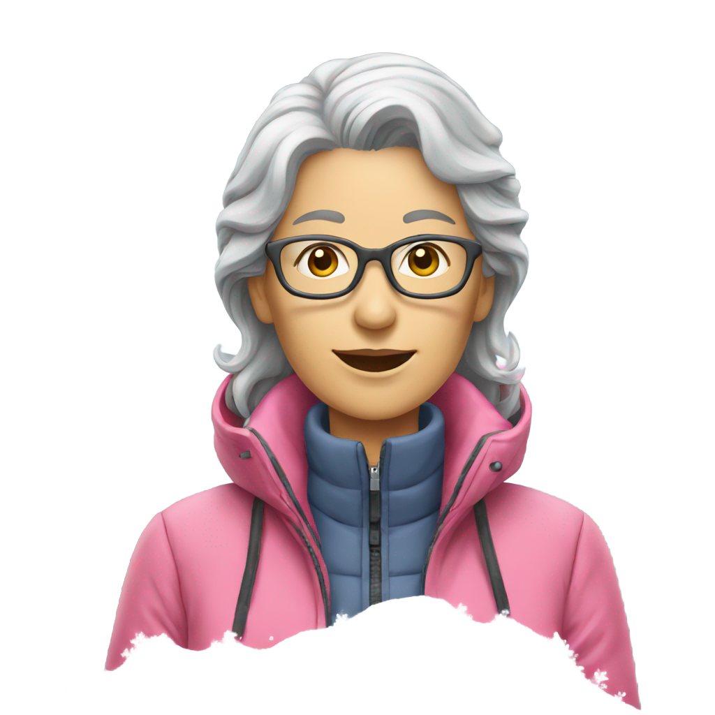 genmoji: A gray haired woman wearing a pink jacket shovelling snow