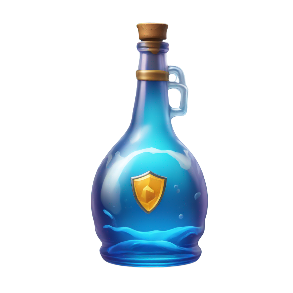 genmoji: A highly detailed, ultra-realistic emoji-style icon of a round glass bottle inspired by Fortnite’s Shield Potion. The bottle has a short, stout, and almost spherical shape with a slightly narrower neck, closely matching the in-game design. It is filled with a vibrant, glowing blu