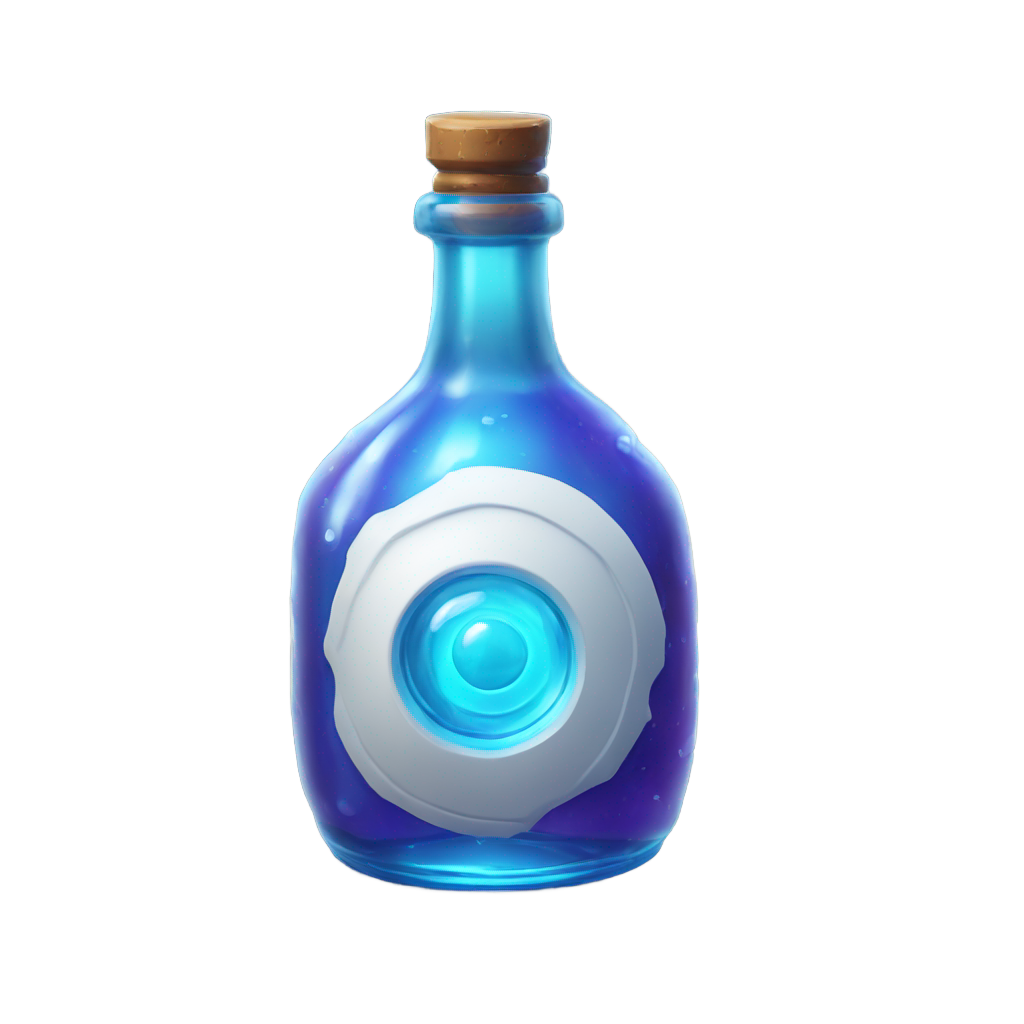 genmoji: A highly detailed, ultra-realistic emoji-style icon of a round glass bottle inspired by Fortnite’s Shield Potion. The bottle has a short, stout, and almost spherical shape with a slightly narrower neck, closely matching the in-game design. It is filled with a vibrant, glowing blu