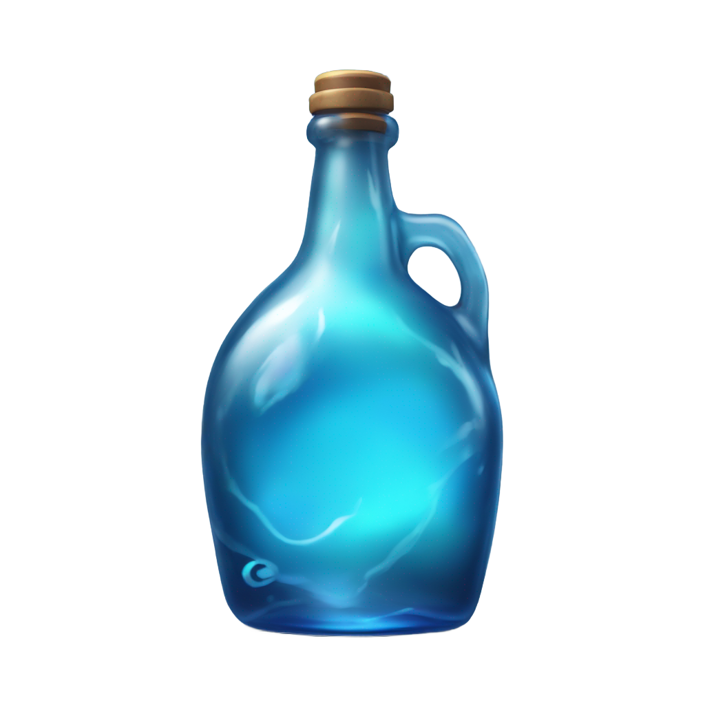 genmoji: A highly detailed, ultra-realistic emoji-style icon of a round glass bottle inspired by Fortnite’s Shield Potion. The bottle has a short, stout, and almost spherical shape with a slightly narrower neck, closely matching the in-game design. It is filled with a vibrant, glowing blu