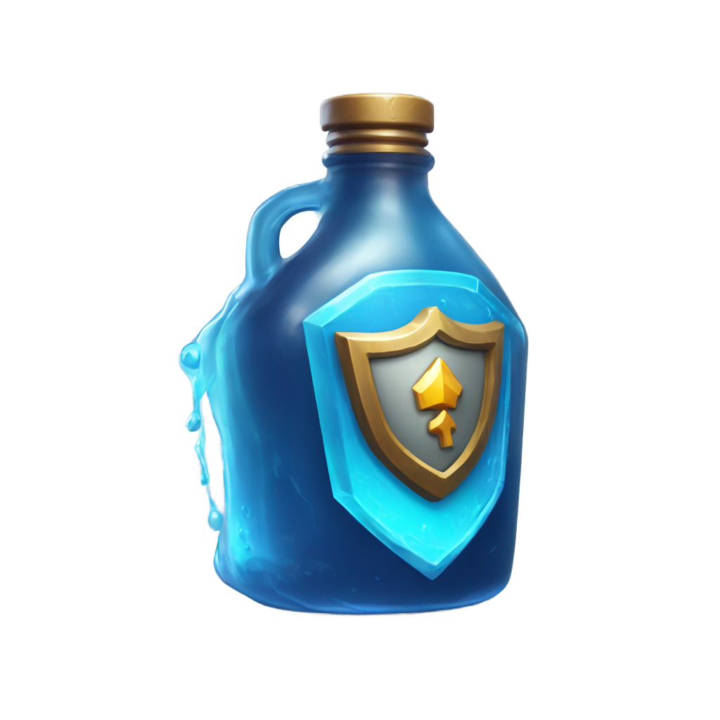 genmoji: A highly detailed, ultra-realistic emoji-style icon of a Shield Potion inspired by Fortnite. The bottle has a wide, round body with a very short, thick neck—almost spherical in shape, closely resembling the in-game design. It is filled with a glowing, swirling blue liquid that ra