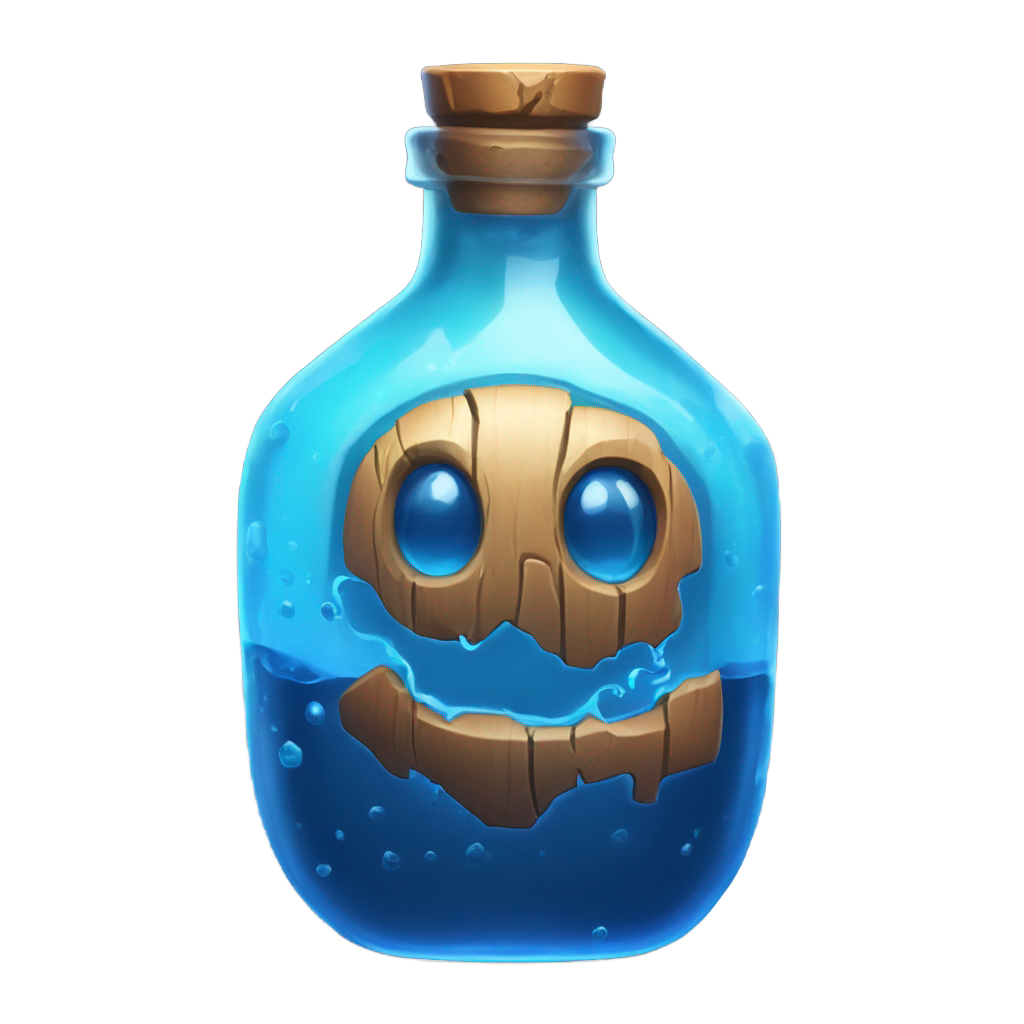 genmoji: A highly detailed, ultra-realistic emoji-style icon of a Shield Potion inspired by Fortnite. The bottle has a wide, round body with a very short, thick neck—almost spherical in shape, closely resembling the in-game design. It is filled with a glowing, swirling blue liquid that ra