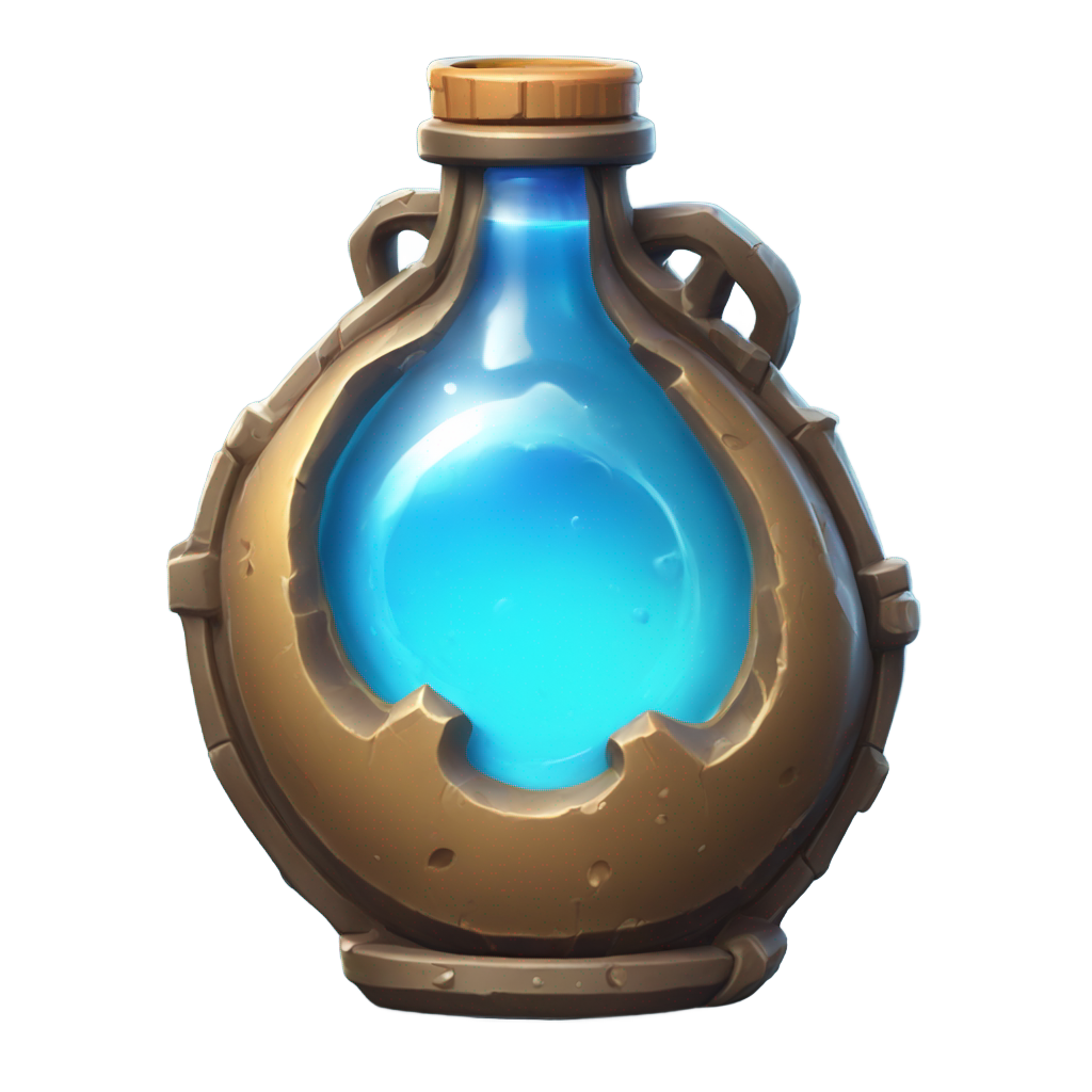 genmoji: A highly detailed, ultra-realistic emoji-style icon of a Shield Potion inspired by Fortnite. The bottle has a wide, round body with a very short, thick neck—almost spherical in shape, closely resembling the in-game design. It is filled with a glowing, swirling blue liquid that ra