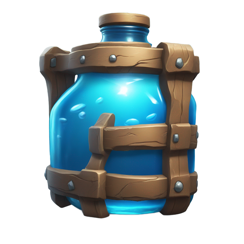 genmoji: A highly detailed, ultra-realistic emoji-style icon of a Shield Potion inspired by Fortnite. The bottle has a wide, round body with a very short, thick neck—almost spherical in shape, closely resembling the in-game design. It is filled with a glowing, swirling blue liquid that ra