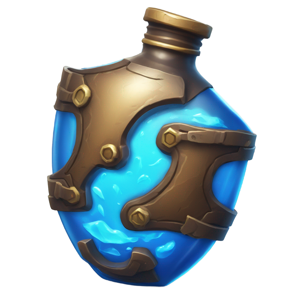 genmoji: A highly detailed, ultra-realistic emoji-style icon of a Shield Potion inspired by Fortnite. The bottle has a wide, round body with a very short, thick neck—almost spherical in shape, closely resembling the in-game design. It is filled with a glowing, swirling blue liquid that ra