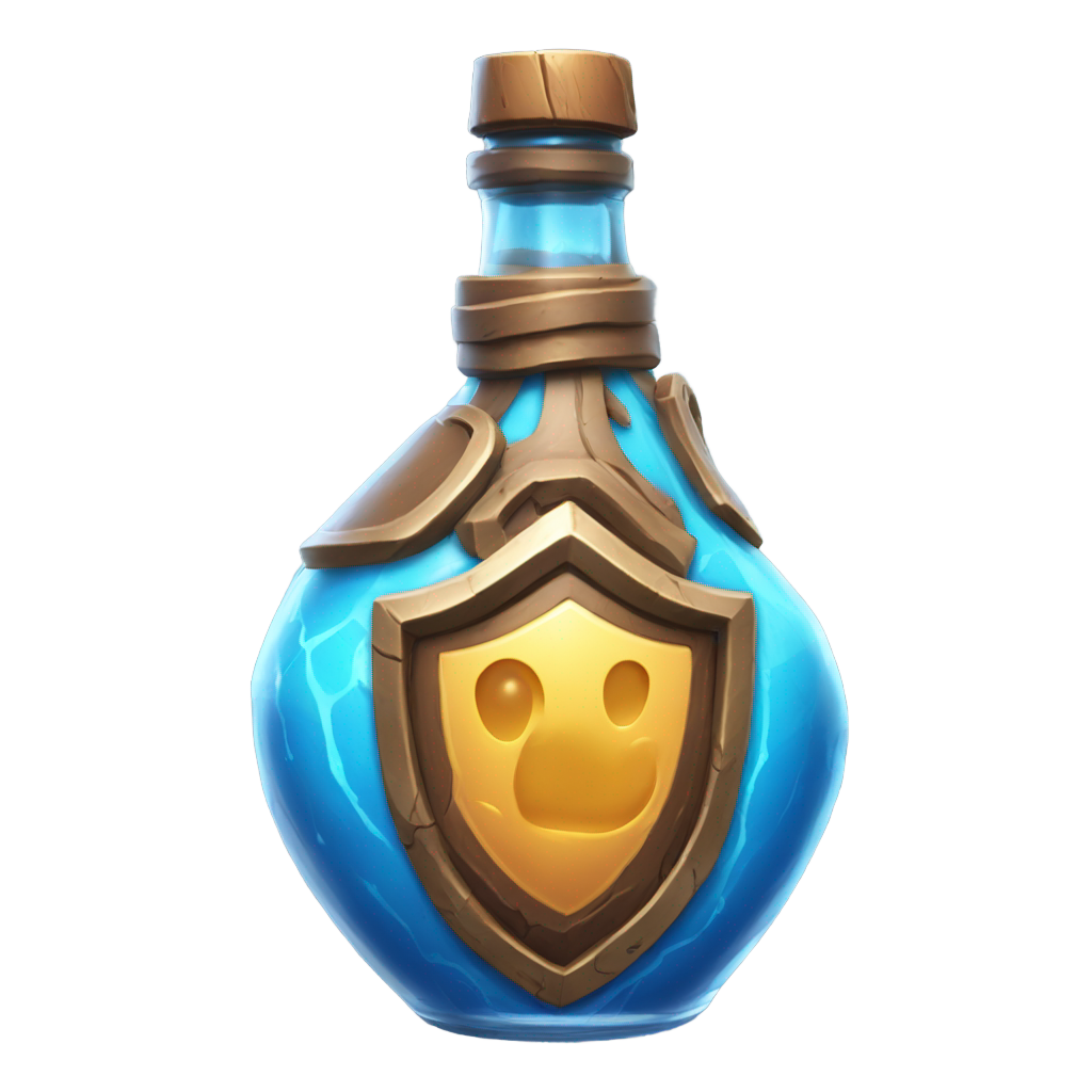 genmoji: A highly detailed, ultra-realistic emoji-style icon of a Shield Potion inspired by Fortnite. The bottle has a wide, round body with a very short, thick neck—almost spherical in shape, closely resembling the in-game design. It is filled with a glowing, swirling blue liquid that ra