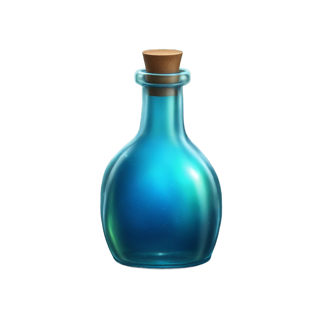 genmoji: A highly detailed, ultra-realistic emoji-style icon of a small blue potion bottle. The bottle is made of clear glass, filled with a glowing, swirling blue liquid. It has a simple, dark green cap with a metallic sheen, securely sealing the potion. The bottle itself is smooth and c