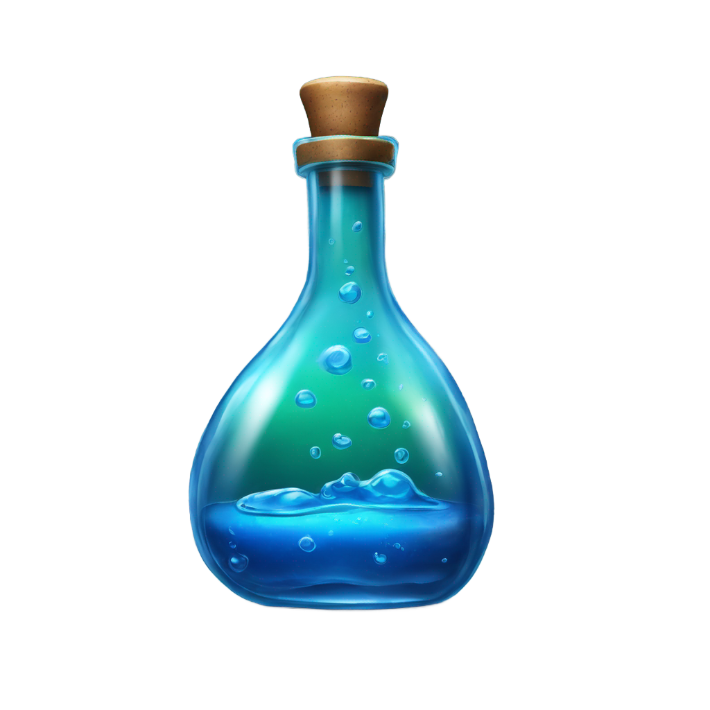 genmoji: A highly detailed, ultra-realistic emoji-style icon of a small blue potion bottle. The bottle is made of clear glass, filled with a glowing, swirling blue liquid. It has a simple, dark green cap with a metallic sheen, securely sealing the potion. The bottle itself is smooth and c