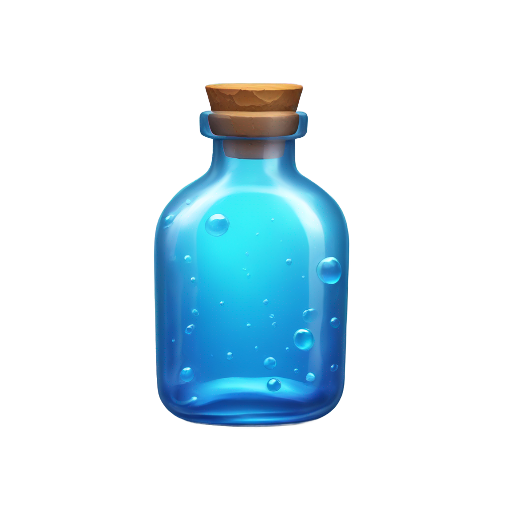 genmoji: A highly detailed, ultra-realistic emoji-style icon of a small glass bottle inspired by Fortnite’s Mini Shield Potion. The bottle has a short, round, and slightly wider body with a narrower neck, resembling the exact proportions from the game. It is filled with a glowing, swirlin