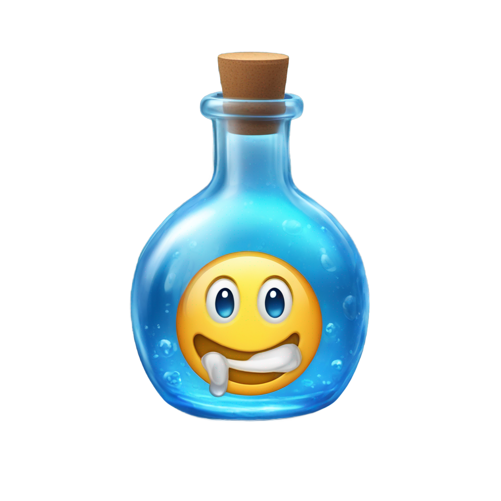 絵文字：A highly detailed, ultra-realistic emoji-style icon of a small, round glass bottle filled with a vibrant, glowing blue liquid that has a subtle swirling effect. The bottle has a wide, spherical body with a very short, thick neck, closely resembling a compact potion container. The