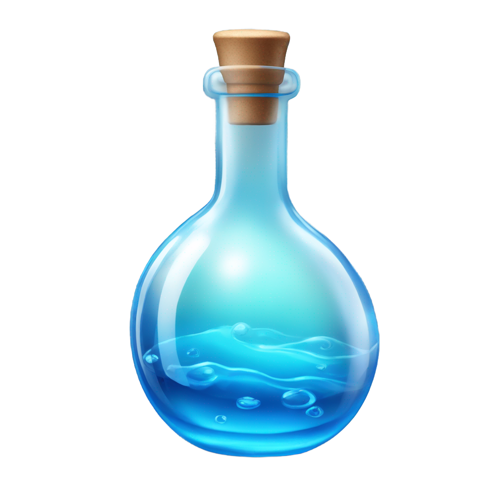 genmoji: A highly detailed, ultra-realistic emoji-style icon of a small, round glass bottle filled with a vibrant, glowing blue liquid that has a subtle swirling effect. The bottle has a wide, spherical body with a very short, thick neck, closely resembling a compact potion container. The