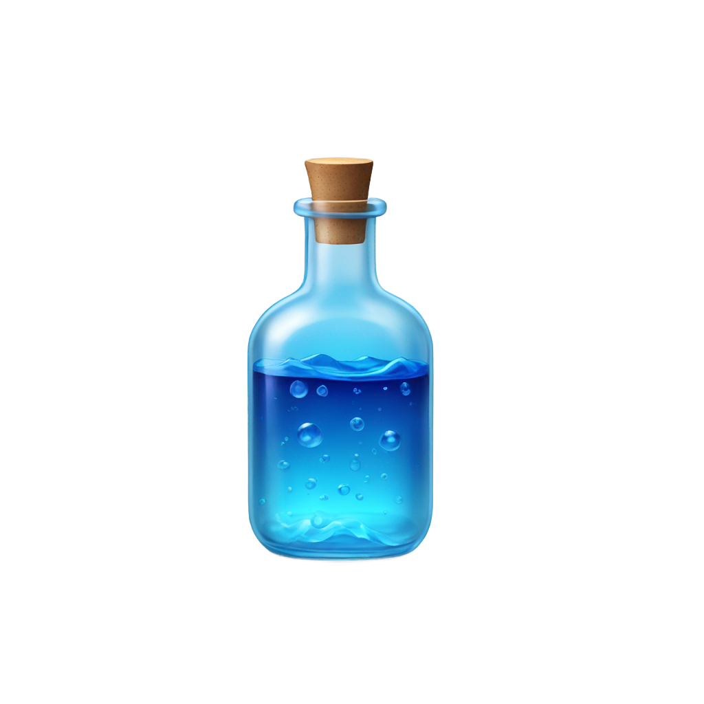 genmoji: A highly detailed, ultra-realistic emoji-style icon of a small, round glass bottle filled with a vibrant, glowing blue liquid that has a subtle swirling effect. The bottle has a wide, spherical body with a very short, thick neck, closely resembling a compact potion container. The