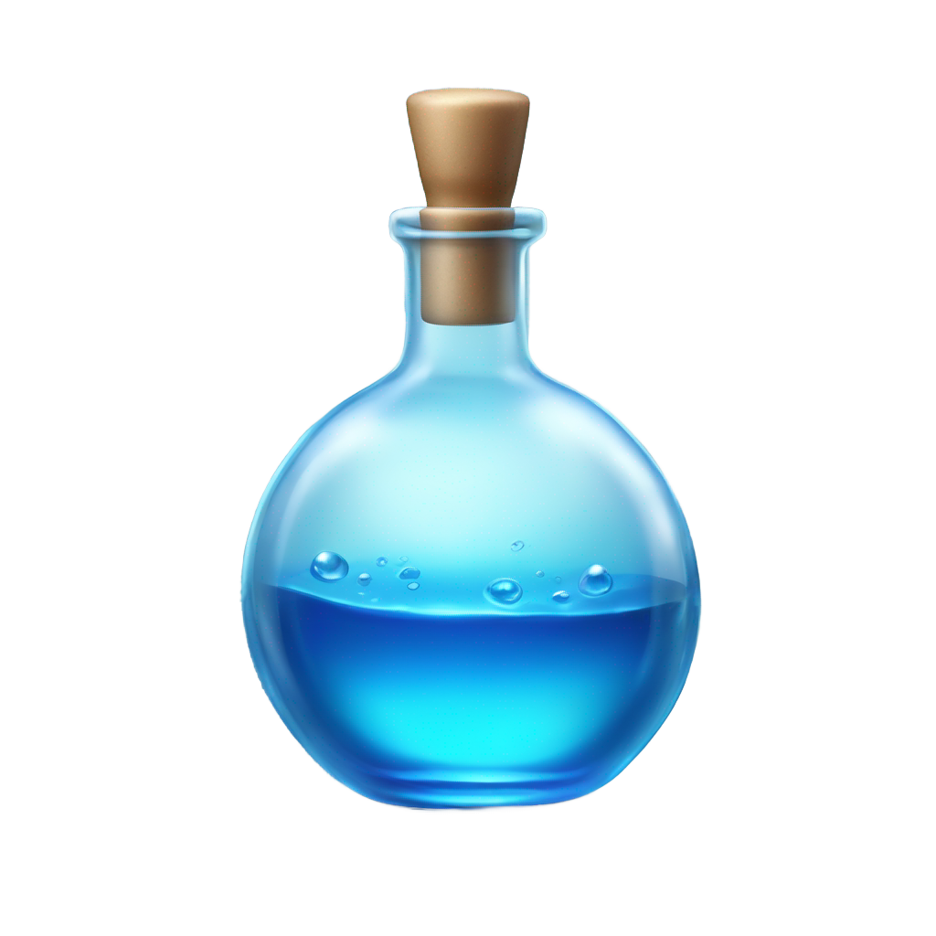 genmoji: A highly detailed, ultra-realistic emoji-style icon of a small, round glass bottle filled with a vibrant, glowing blue liquid that has a subtle swirling effect. The bottle has a wide, spherical body with a very short, thick neck, closely resembling a compact potion container. The