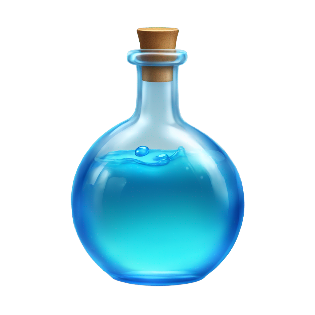 絵文字：A highly detailed, ultra-realistic emoji-style icon of a small, round glass bottle filled with a vibrant, glowing blue liquid that has a subtle swirling effect. The bottle has a wide, spherical body with a very short, thick neck, closely resembling a compact potion container. The