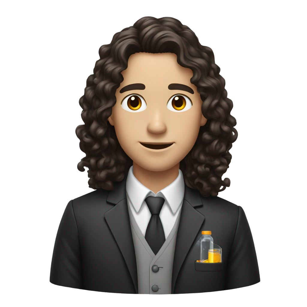 genmoji: A scientist with long wavy dark brown hair, freckles, hazel eyes, and an energy drink, and wearing a black blazer