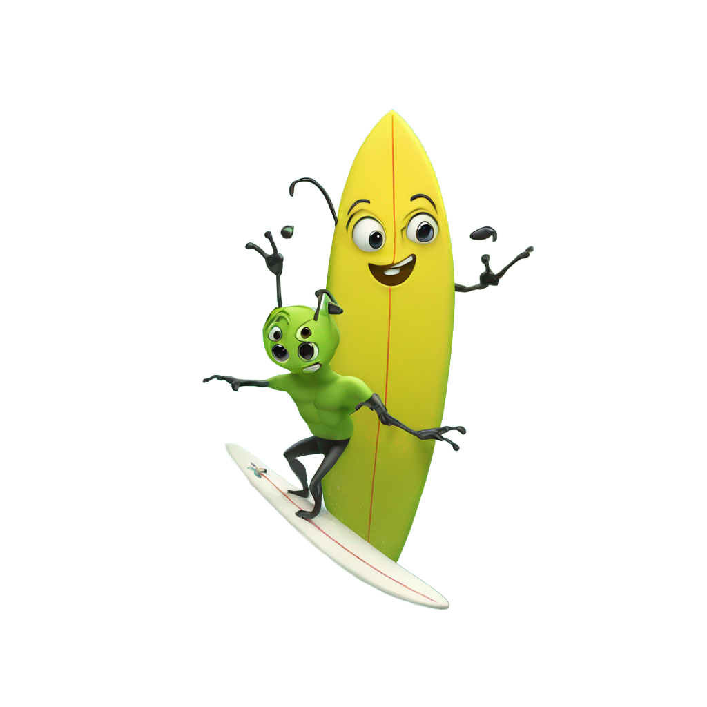 genmoji: bug on a surfboard surfing a wave