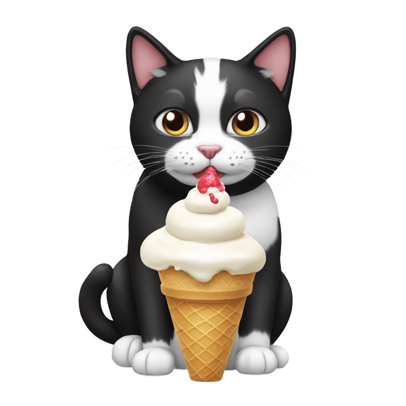 a black and white cat eating ice cream