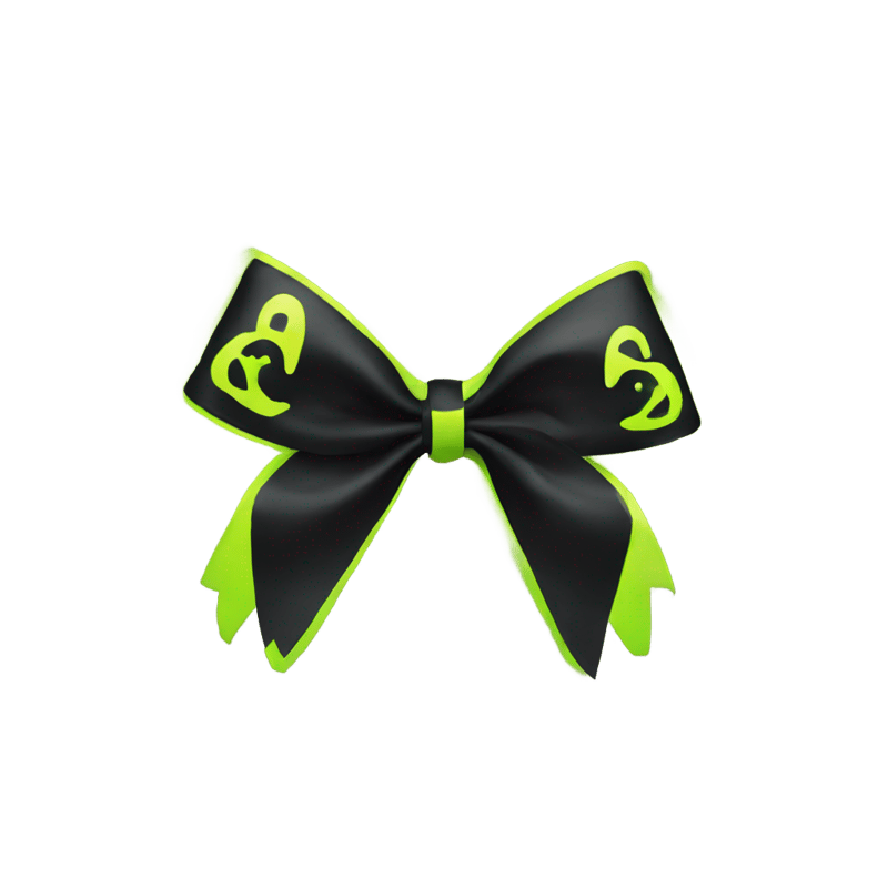 A black cheer bow with a neon yellow Gemini symbol in the corner