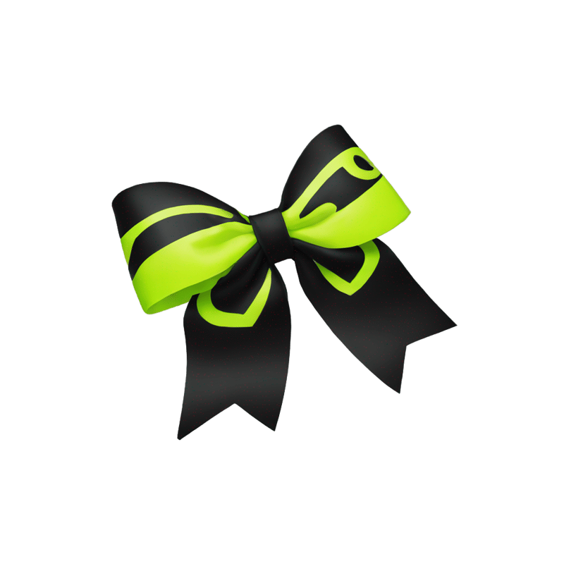 A black cheer bow with a neon yellow Greek number two in the corner