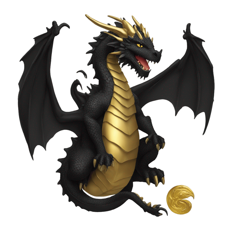 A black dragon with a gold one under it