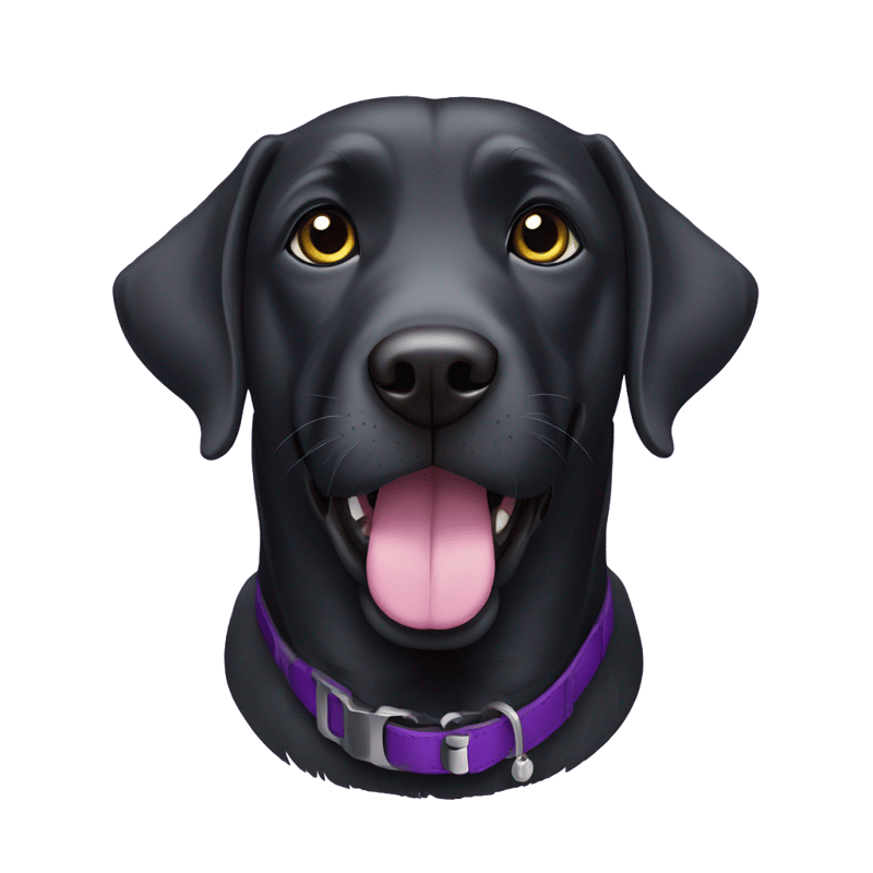 A black Labrador with a purple collar and some grey hairs around the mouth