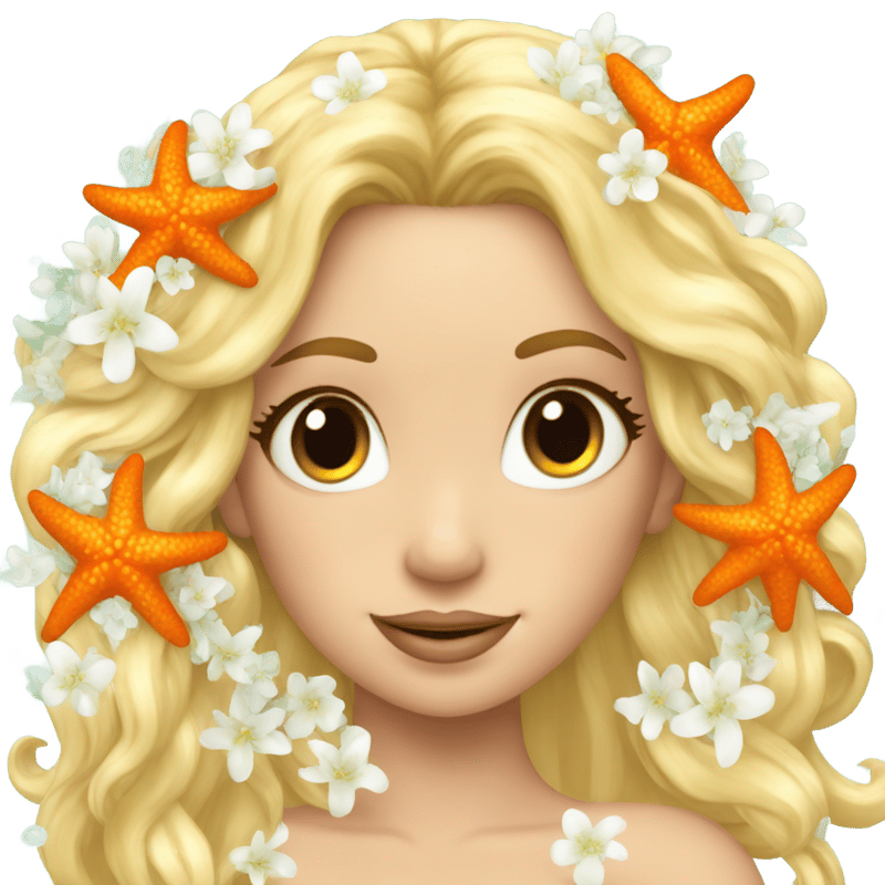 A blonde mermaid wearing an orange starfish in her hair, she also wears a necklace made of white flowers.