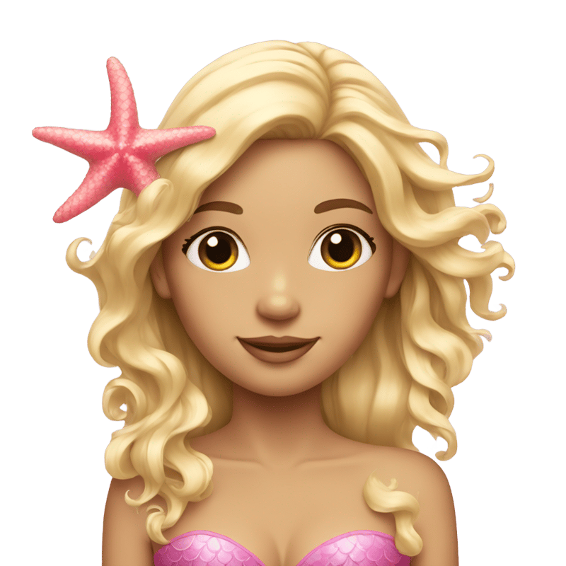 A blonde mermaid with her hair decorated with pink starfish.