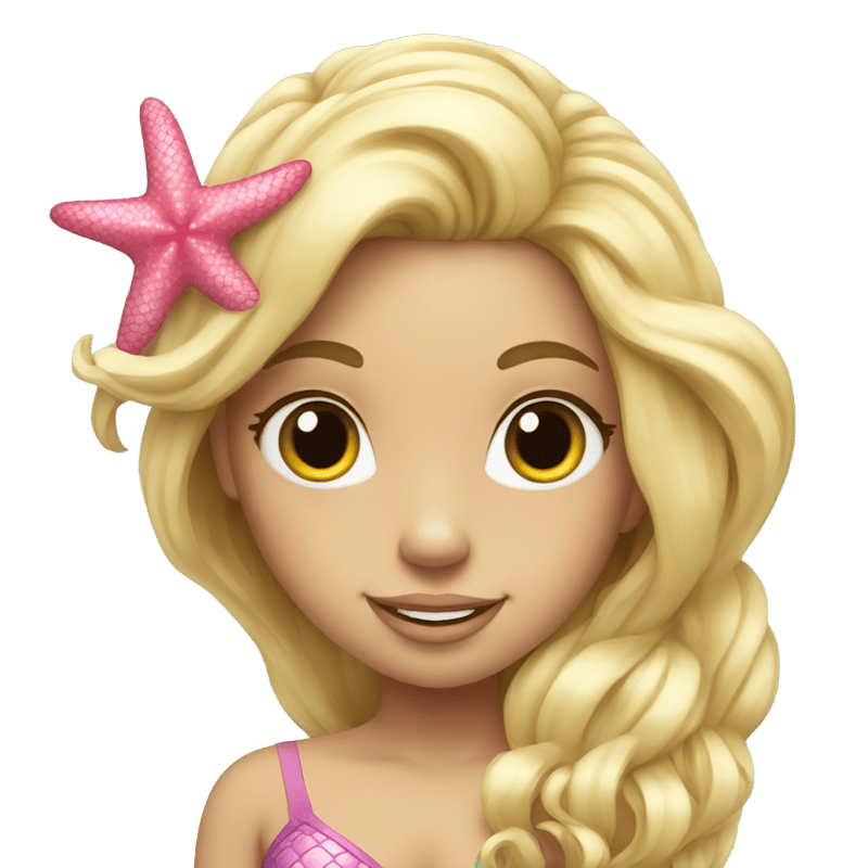 A blonde mermaid with her hair decorated with pink starfish.