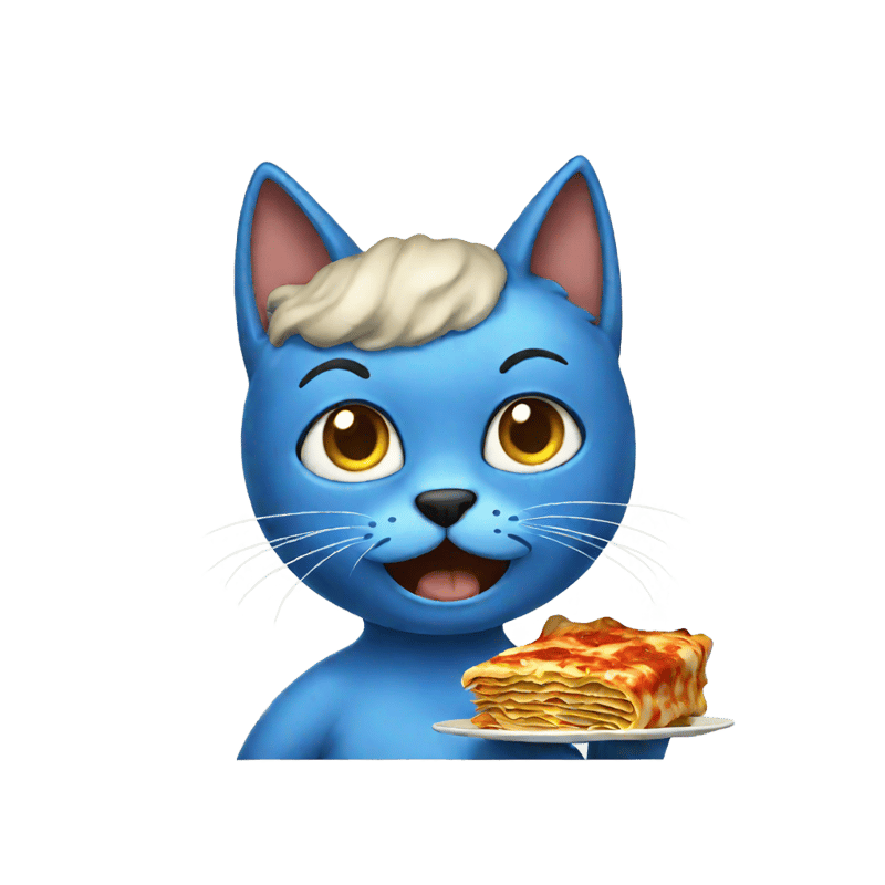 A blue cat eating lasagna