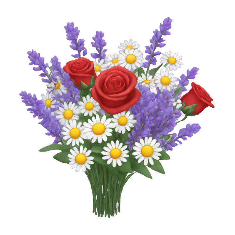 A boquet of lavender, red roses, and daisies