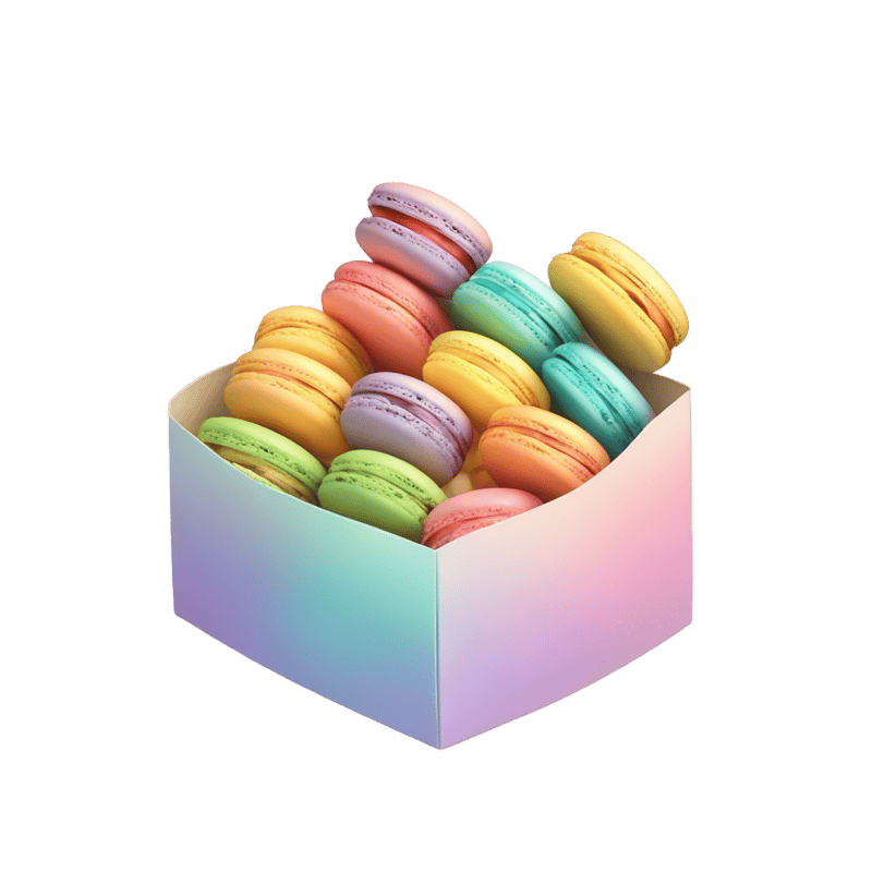 A box of rainbow-colored macarons in pastel shades.