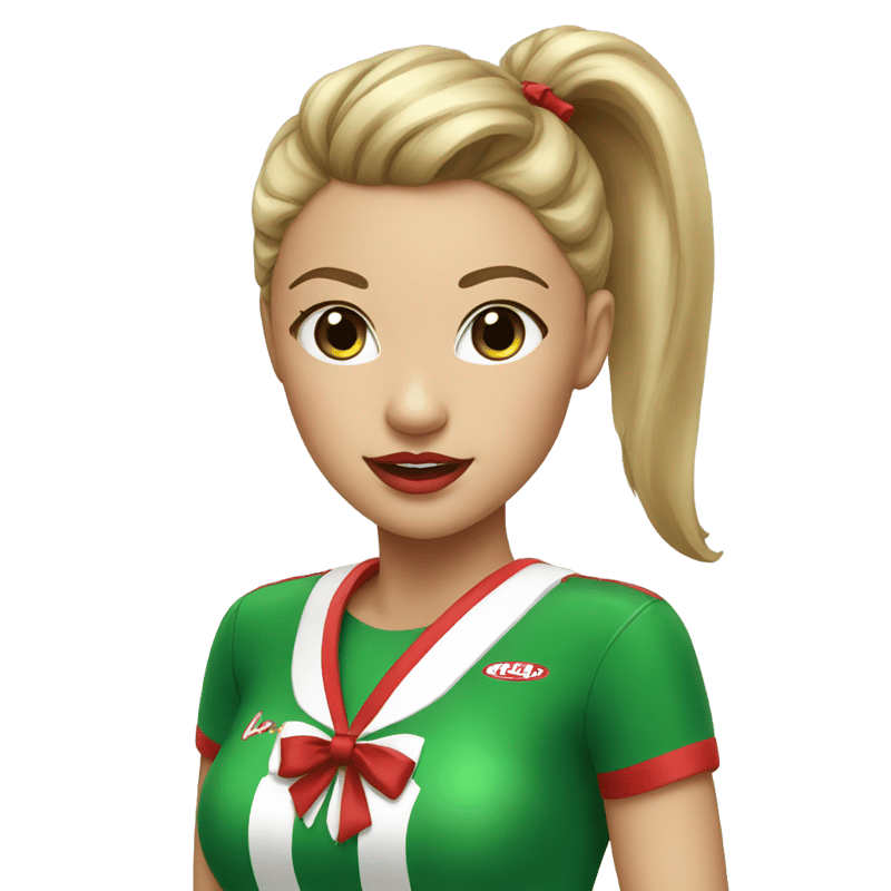 A cheerleader with a high ponytail a green bow a green uniform and red lipstick