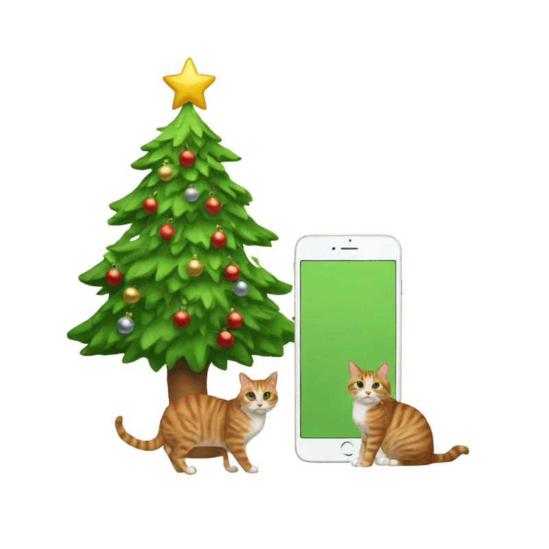 A Christmas tree with a cat and a iPhone + iPad