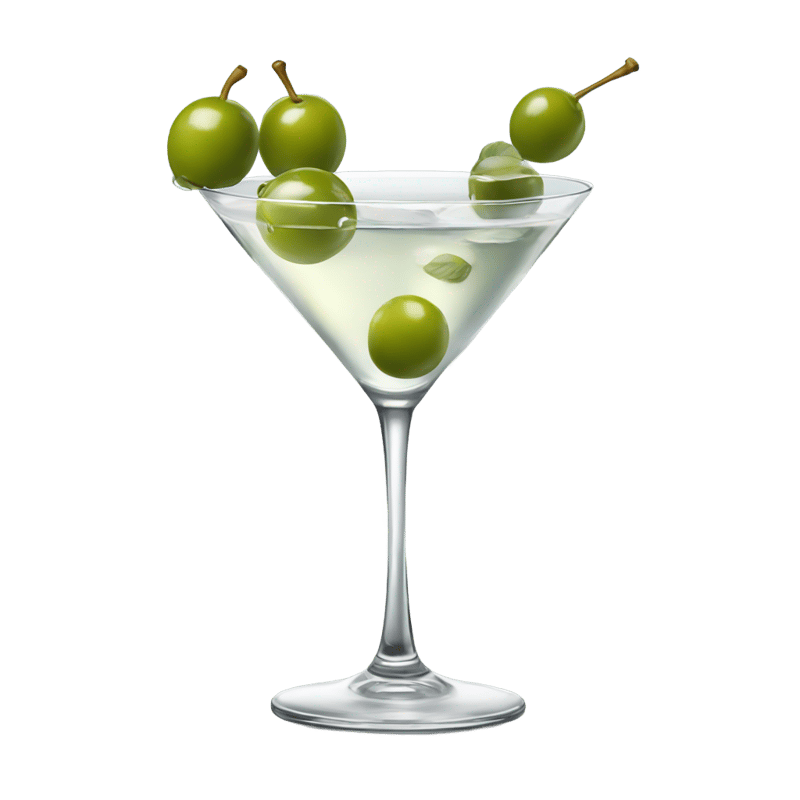 a clear martini with 3 olives on a pick, no other garnishes