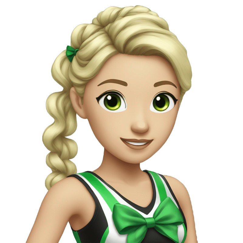 A competition cheerleader with a high ponytail and a green and black bow and a green and black uniform