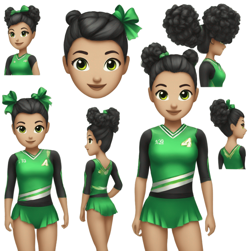 A competitive cheerleader with a high ponytail and tail a green bow and a green and black sparkly uniform