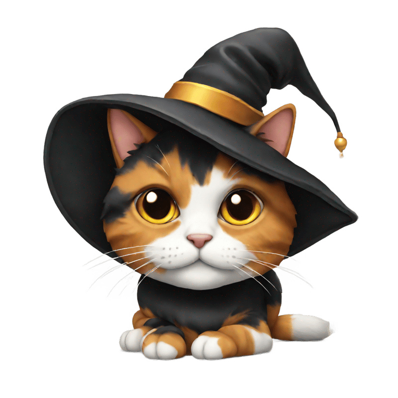 A cute calico cat wearing a black witch hat