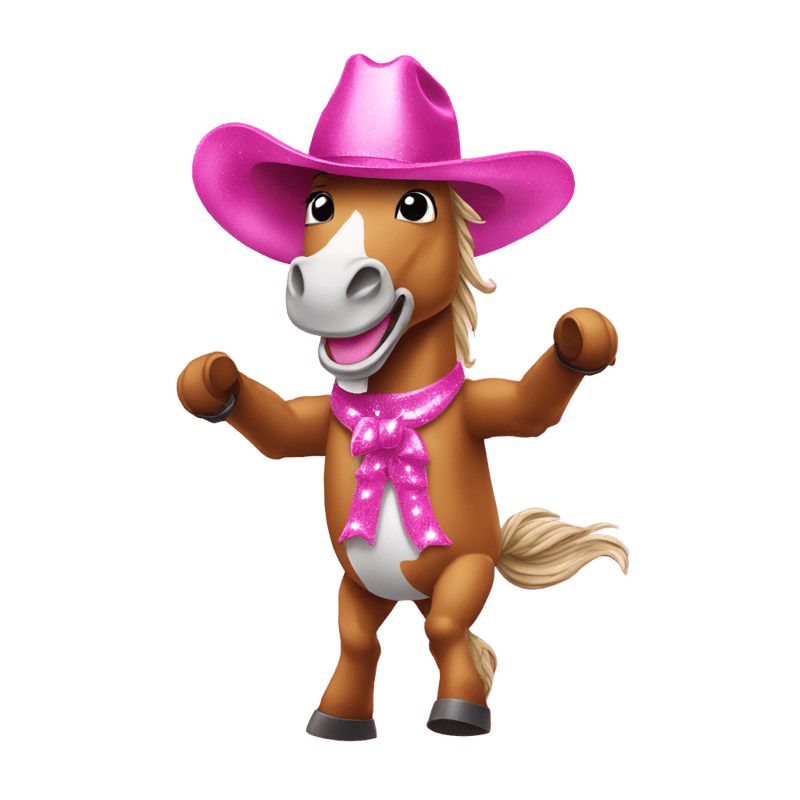 A dancing horse with a pink sparkly cowboy hat holding a microphone