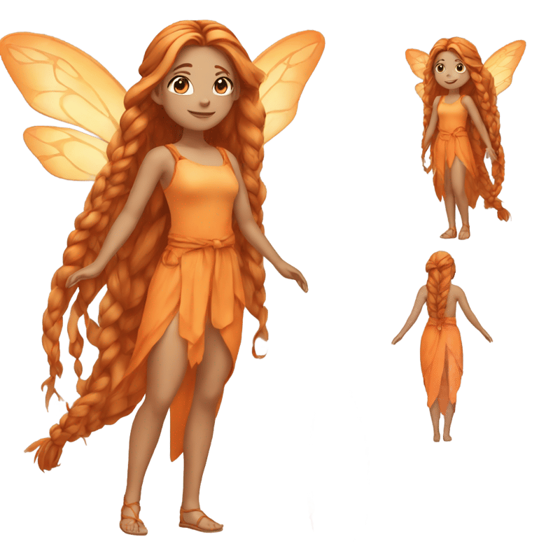 A fairy of medium skin tone, with long orange hair tied up in a long braid and amber-colored eyes. She wears an orange dress and brown pants. Her wings are transparent.