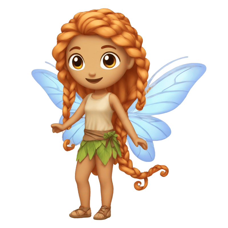 A fairy of medium skin tone, with long orange hair tied up in a long braid and amber-colored eyes. She wears an orange dress and brown pants. Her wings are transparent.