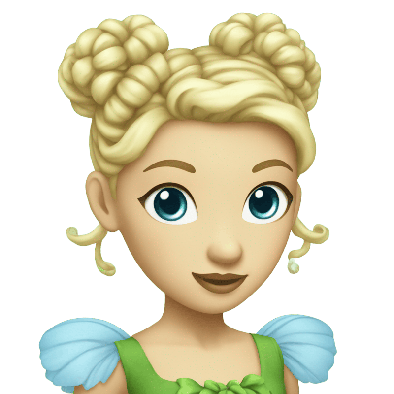 A fairy with a light skin tone, blue eyes and blonde hair tied up in an elegant bun. She wears a green dress made of leaves and a cotton ball in each of her green shoes