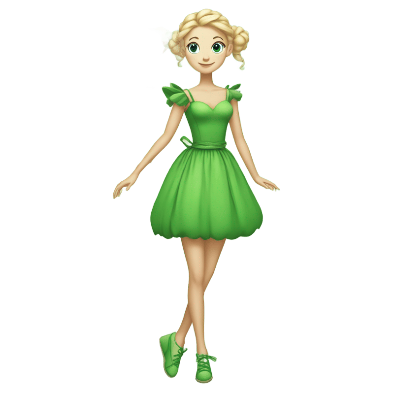 A fairy with a light skin tone, blue eyes and blonde hair tied up in an elegant bun. She wears a green dress made of leaves and a cotton ball in each of her green shoes