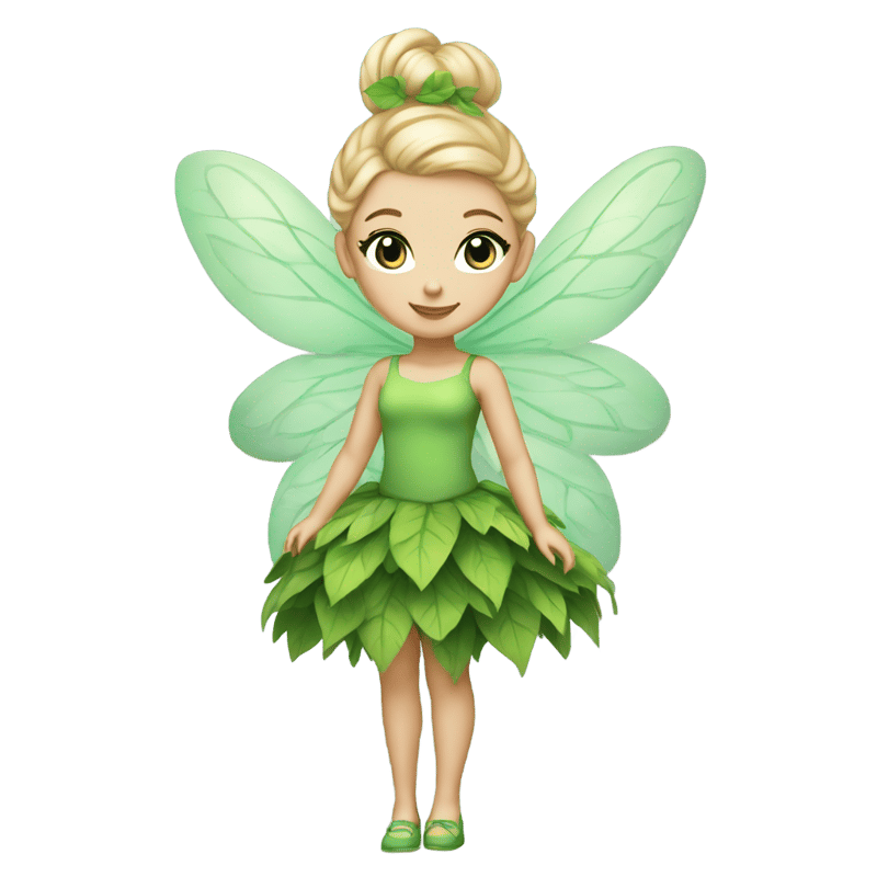 A fairy with a light skin tone, blue eyes and blonde hair tied up in an elegant bun. She wears a green dress made of leaves and a cotton ball in each of her green shoes. And transparent wings