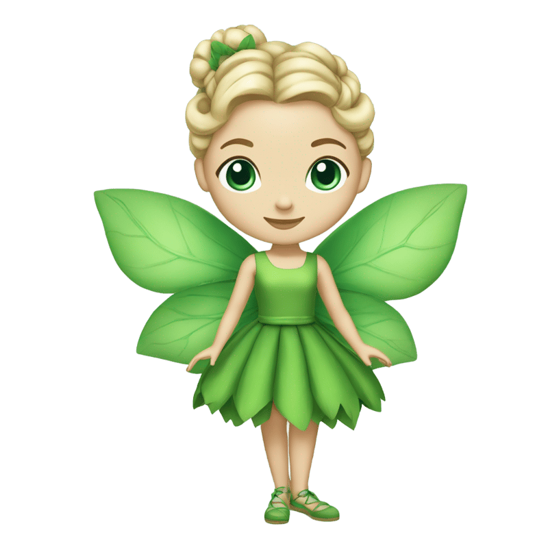 A fairy with a light skin tone, blue eyes and blonde hair tied up in an elegant bun. She wears a green dress made of leaves and a cotton ball in each of her green shoes