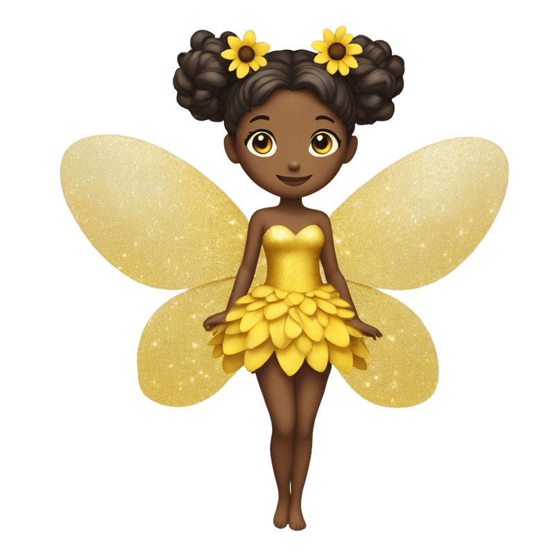 A fairy with dark skin tone and her hair in tiny pigtails, pulled into a bun with gold glitter. Her dress is bright yellow, with flower petals on the skirt and a sunflower seed on her chest.