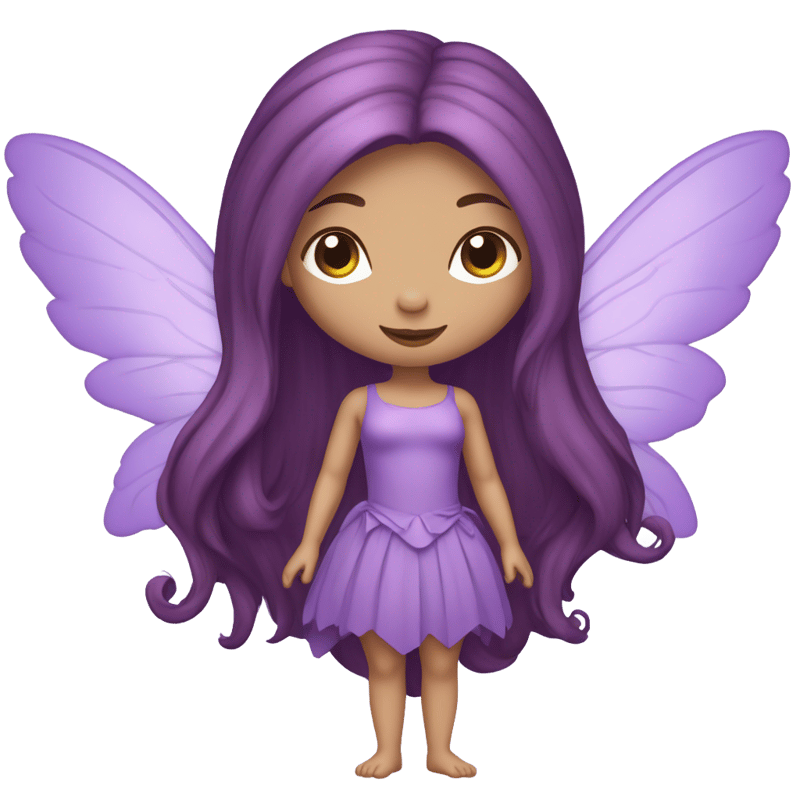 A fairy with long plum-colored hair in a ponytail, fair skin tone, plump lips and arched eyebrows, and her wings are bigger, wider and more pointed. She wears a purple dress and purple pants.