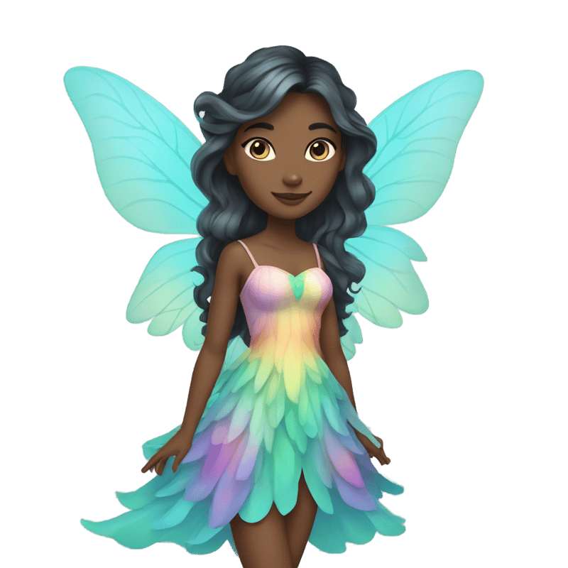 A female fairy with a dark skin tone, long wavy brunette hair wearing a pastel rainbow dress and turquoise wings.