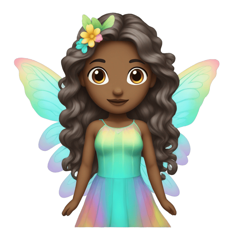 A female fairy with a dark skin tone, long wavy brunette hair wearing a pastel rainbow dress and turquoise wings