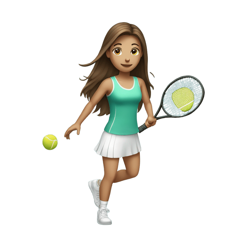 A girl who has long brown hair and is playing tennis